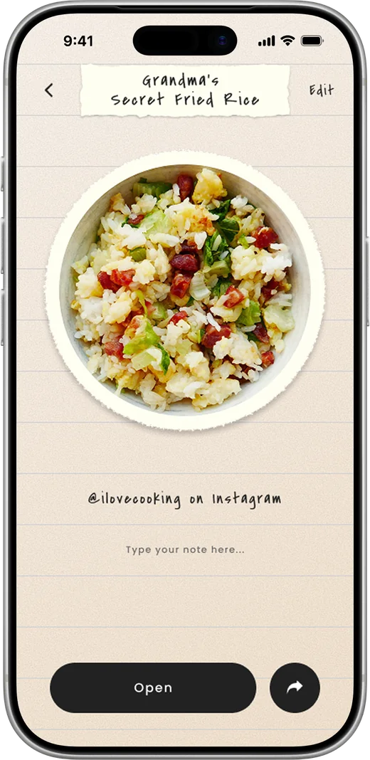 A saved recipe in Cookcut: a torn-edged round photo of fried rice, the handwritten title Grandma's Secret Fried Rice, the source @ilovecooking on Instagram, and an empty note field.