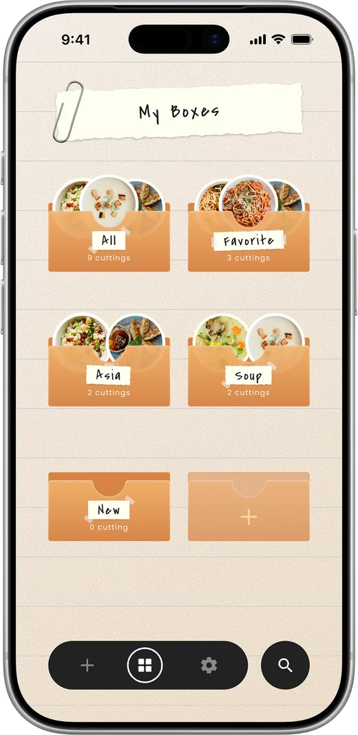 The Cookcut home screen: a clipped paper note reading My Boxes, above cardboard boxes with taped labels (All, Favorite, Asia, Soup, New) and an empty slot.